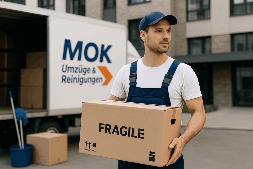 Ein Umzugshelfer der Firma MOK trägt einen Karton vor einem Umzugswagen in Hamburg