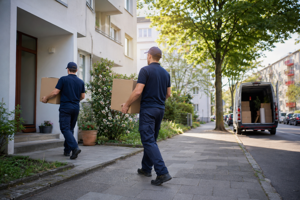 Umzug in Hamburg Billstedt – Umzugshelfer tragen Kartons zur Wohnung